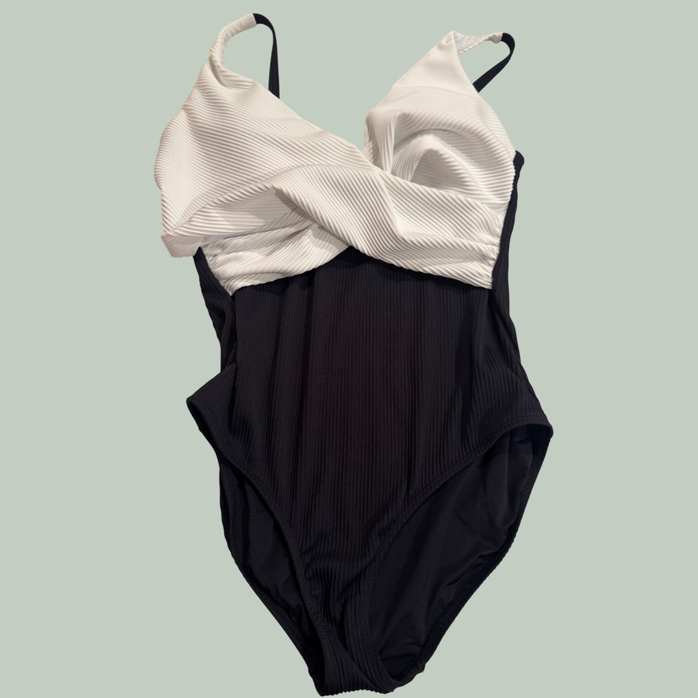 Niptuck Swim Womens Black White Twist Front Ribbed One Piece Swimsuit Size US 12